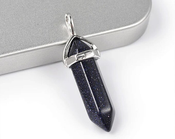 ONE Blue Goldstone Faceted Bullet Pendant | Silver Color Zinc Alloy Bail | Size 36-40x12mm