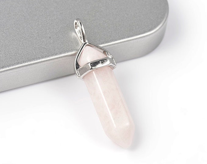 ONE Natural Rose Quartz Gemstone Faceted Bullet Pendant | Silver Color Zinc Alloy Bail | Size 36-40x12mm