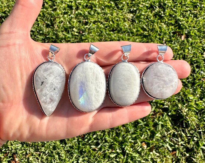 Natural Moonstone Pendants | 925 Sterling Silver Plated | Boho Style | Size 1.5 - 2 Inch