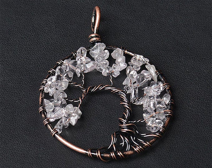 Clear Quartz Tree of Life Gemstone Pendant | Chakra Healing Pendant | Size 50mm