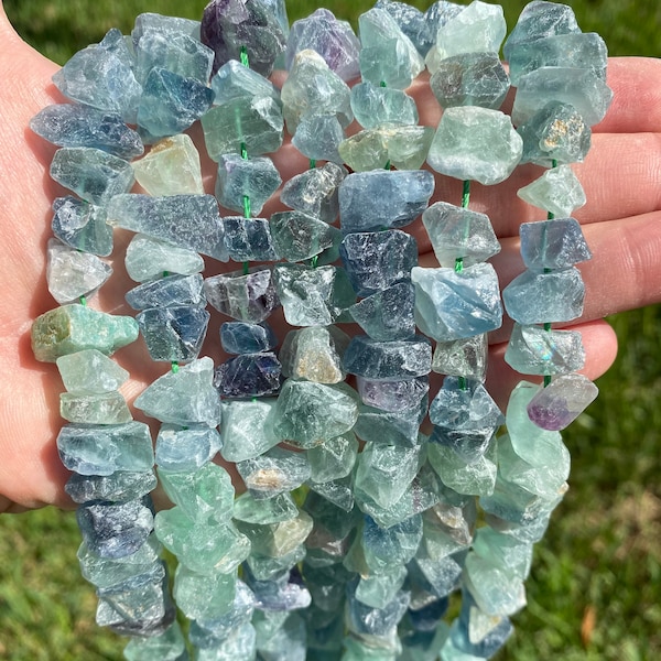Raw Fluorite Nuggets Beads | Drilled Rough Natural Gemstone Loose Beads | Sold by 7 Inch Strand | Size 6-12mm