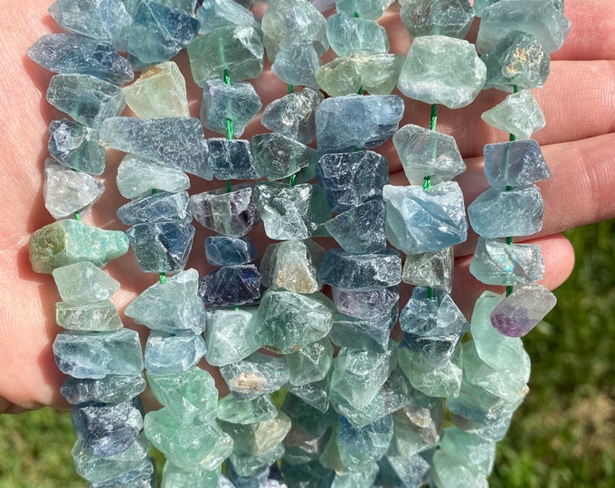 Raw Fluorite Nuggets Beads | Drilled Rough Natural Gemstone Loose Beads | Sold by 7 Inch Strand | Size 6-12mm