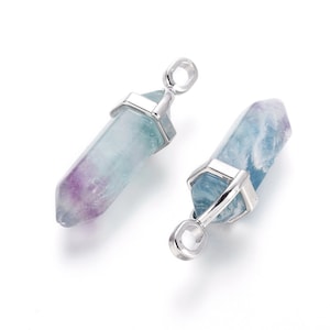ONE Natural Rainbow Fluorite Gemstone Faceted Bullet Pendant | Silver Color Zinc Alloy Bail | Size 36-40x12mm
