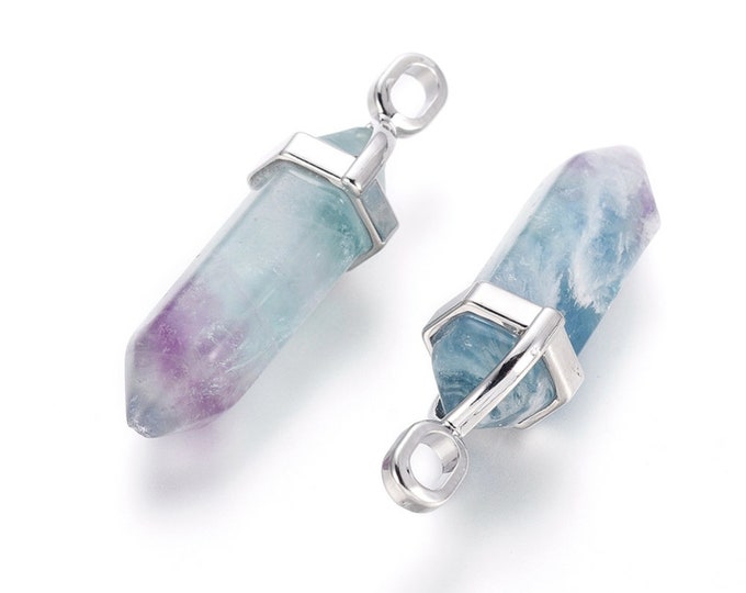 ONE Natural Rainbow Fluorite Gemstone Faceted Bullet Pendant | Silver Color Zinc Alloy Bail | Size 36-40x12mm