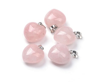 ONE Natural Rose Quartz Gemstone Heart Pendant | Silver Brass Bail | Size 20x20x12mm
