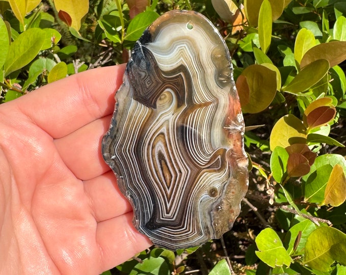 Brown Black Striped Agate Gemstone Freeform Plate Slab Pendant Focal Bead Size 85x50x5mm