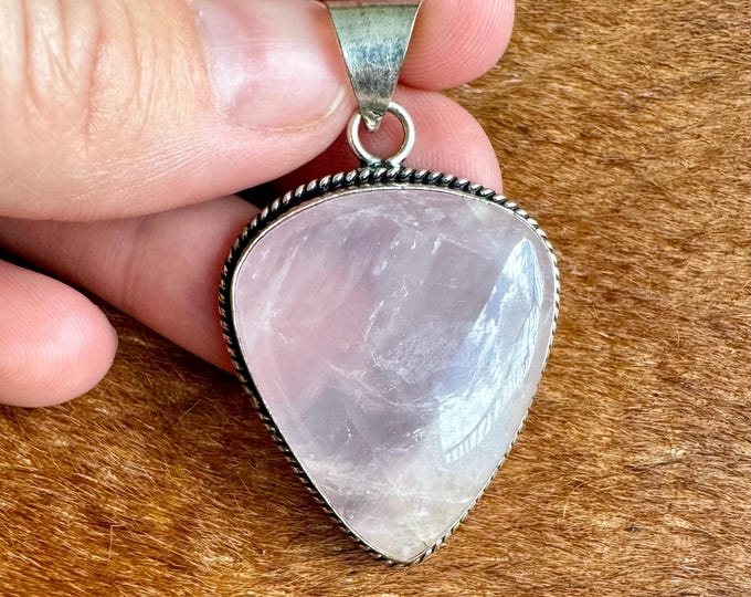 Natural Rose Quartz Vintage Style Natural Gemstone 925 Solid Sterling Silver Pendant Size 2 Inch