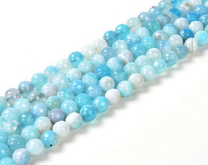 AA Grade Natural Light Blue Striped Agate Gemstone Faceted Round Beads | Sold by 15 Inch Strand | Size 8mm