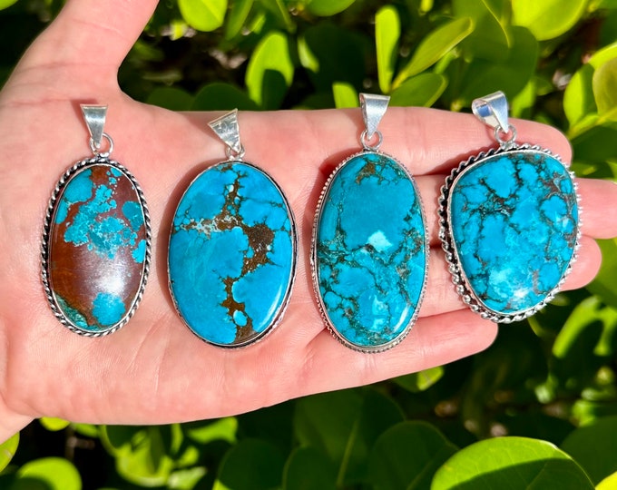 Natural Blue Turquoise Gemstone Pendants | 925 Silver Plated | Size 2 Inches