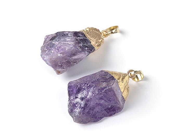 ONE Raw Purple Amethyst Rough Pendant | Gold Edged | Size 22x33mm | Hole 3x5mm