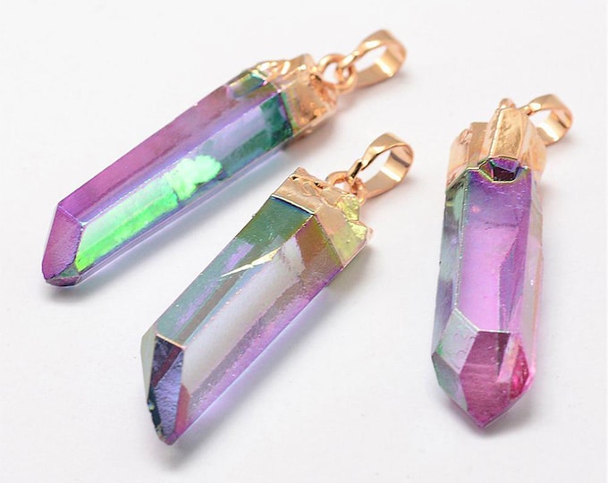 Aura Quartz Crystal Pointed Pendant | Natural Gemstone Pendant Loose Bead | Gold Color Brass | Sold by Piece | Size 43~65x9~15x8~15mm