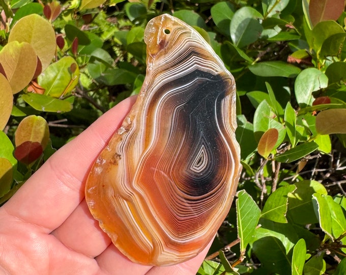 Orange Brown Striped Agate Gemstone Freeform Plate Slab Pendant Focal Bead 85x50x5mm