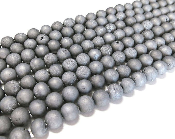 Druzy Agate Beads | Matte Silver Metallic | Round Natural Gemstone Loose Beads | Sold by Strand | Size 8mm