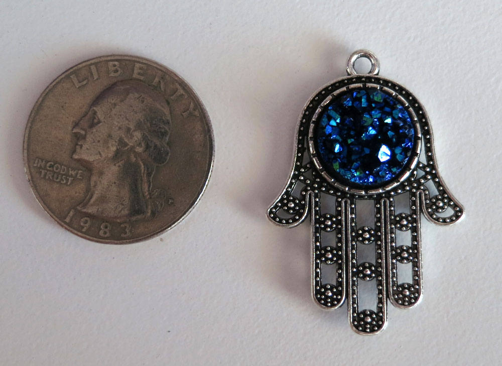 1 Piece Antique Silver Plated Hamsa Hand Blue Metallic Faux Druzy Agate ...