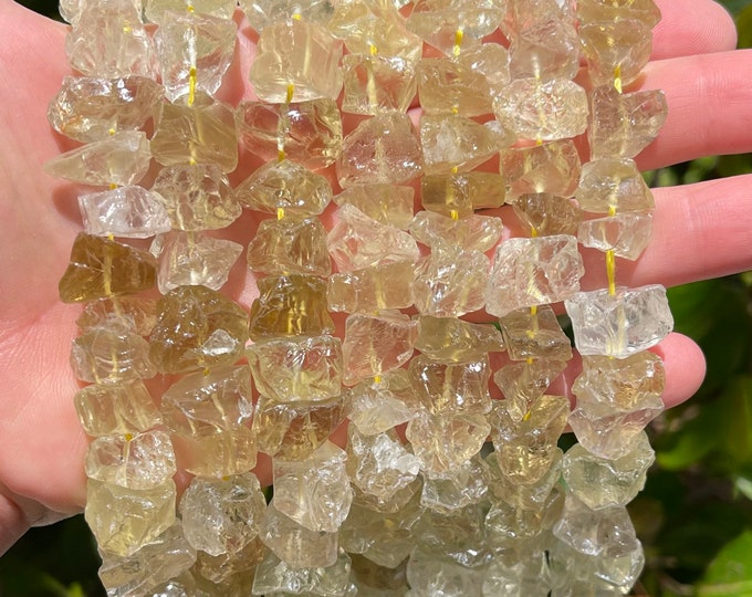 Natural Lemon Quartz Nuggets Beads | Drilled Raw Natural Gemstone Loose Beads | Sold by 7 Inch Strand | Size 6~15mm