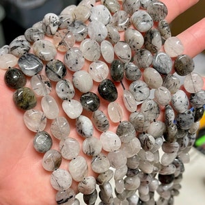 Black Rutilated Quartz Nuggets Beads | Grade AAA | Natural Gemstone Loose Beads | Sold by 15 Inch Strand | Size 9x10mm | Hole 0.8mm
