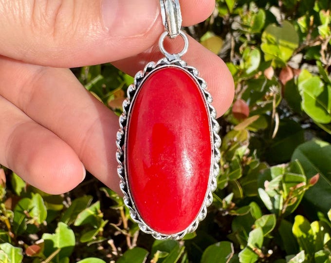 Natural Red Coral Pendant 925 Sterling Silver Vintage Style Gemstone Pendant Focal Bead Size 1.75 Inch
