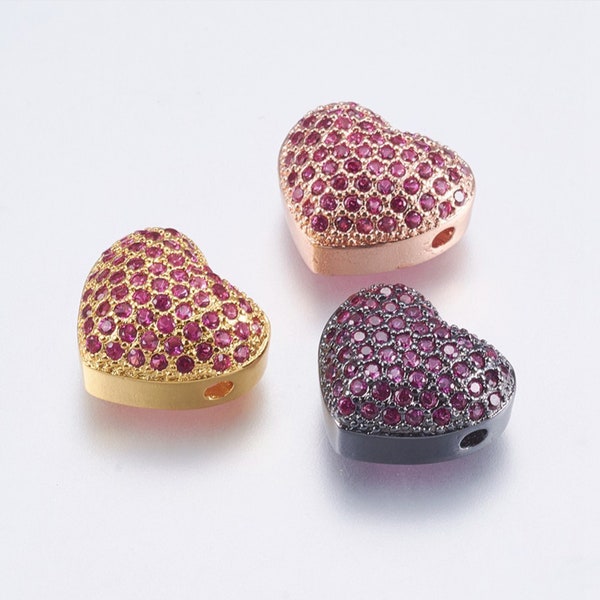 Brass Micro Pave Cubic Zirconia Heart Bead | Sold Individually | Size 11x12.5x6mm | Hole: 1.5mm