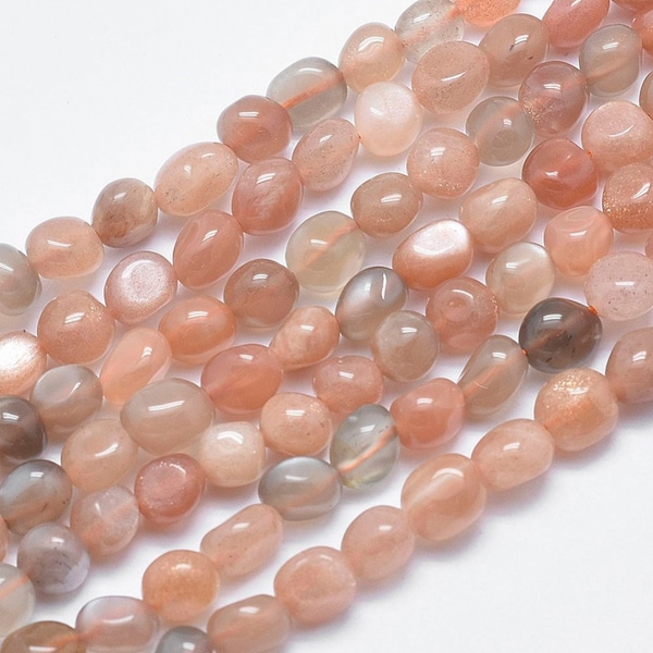 A Grade Natural Peach Moonstone Gemstone Nuggets Beads | Sold by 15 inch Strand | Size 6-8mm | Hole 0.8mm