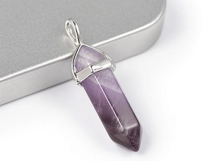 ONE Natural Lavender Amethyst Gemstone Faceted Bullet Pendant | Silver Color Zinc Alloy Bail | Size 36-40x12mm