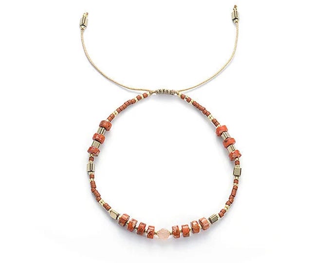 Handmade Adjustable Impression Jasper Wheel, Sunstone and Miyuki Seed Beads Bracelet