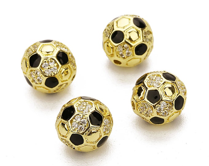 ONE Soccer Ball Cubic Zirconia Micro Pave Brass Round Bead | 18K Gold Plated | Size 10 mm