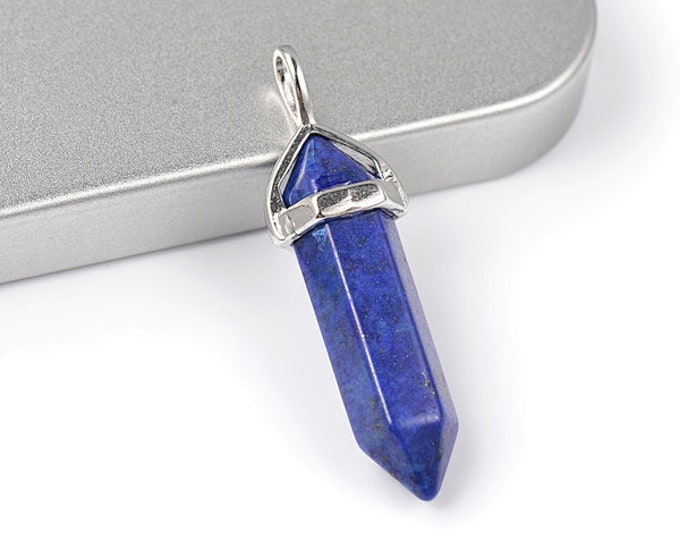 ONE Natural Blue Lapis Lazuli Gemstone Faceted Bullet Pendant | Silver Color Zinc Alloy Bail | Size 36-40x12mm