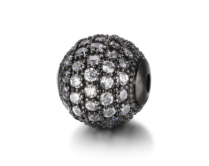 Cubic Zirconia Micro Pave Brass Round Bead | Clear Crystal | Black Color Plated | Sold Individually | Size 8mm 10 mm