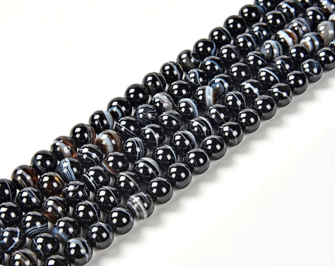 AA Grade Natural Black Striped Agate Gemstone Round Beads | Sold by 15 Inch Strand | Size 8mm