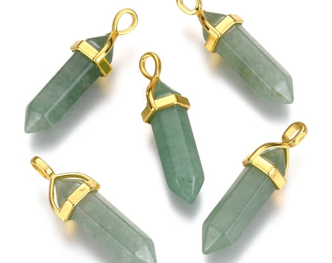 ONE Natural Green Aventurine Gemstone Faceted Bullet Pendant | Gold Color Zinc Alloy Bail | Size 36-40x12mm