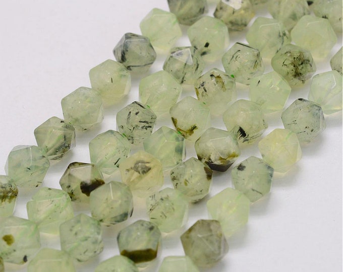 Natural Prehnite Beads | Grade AAA | Star Cut Round Gemstone Loose Beads | Sold by 15 Inch Strand | Size 10x9x9mm | Hole 1mm