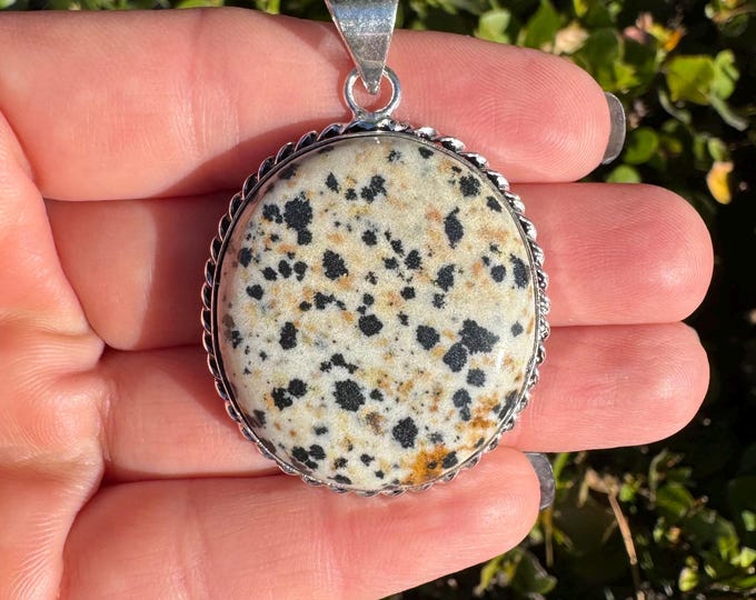 Natural Dalmatian Jasper 925 Sterling Silver Pendant Focal Bead Size 1 3/4 Inch