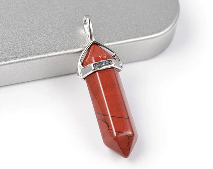 ONE Natural Red Jasper Gemstone Faceted Bullet Pendant | Silver Color Zinc Alloy Bail | Size 36-40x12mm