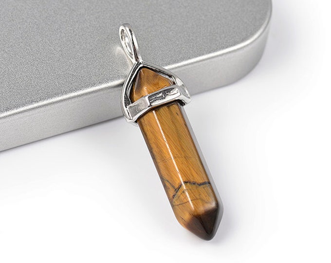 ONE Natural Tiger Eye Gemstone Faceted Bullet Pendant | Silver Color Zinc Alloy Bail | Size 36-40x12mm