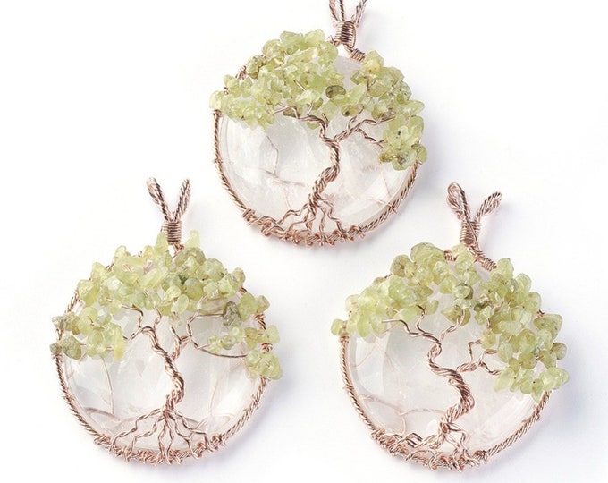 Tree of Life Gemstone Pendant | Clear Quartz and Peridot Gemstone | Chakra Healing Pendant | Sold by Piece | Size 58~61.5x44~48x14~16.5mm