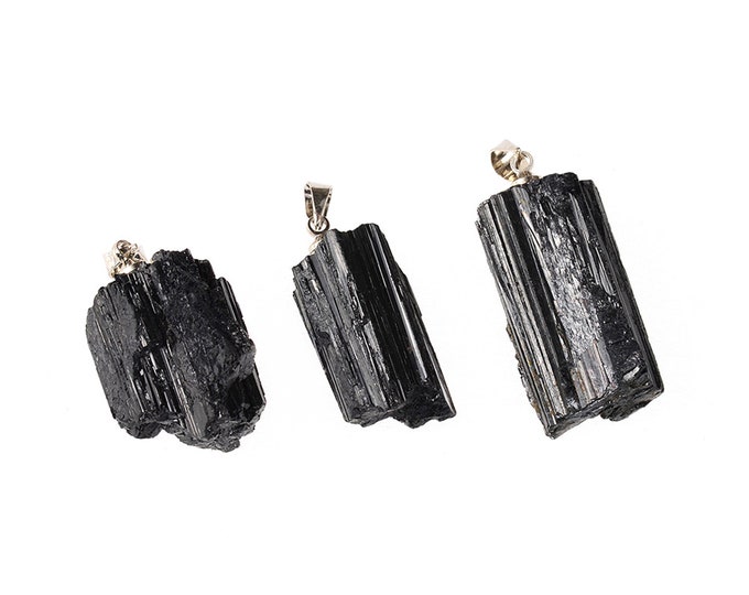 ONE Natural Black Tourmaline Schorl Pendant | Silver Bail | Size 18~20x25~30MM | Hole 3x5mm