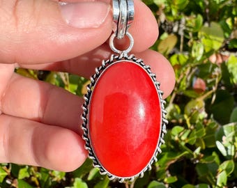 Natural Red Coral Pendant 925 Sterling Silver Gemstone Pendant Focal Bead Size 2 Inch