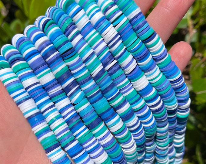 8mm Vinyl Heishi Disc Beads | Blue Green White | Polymer Clay Beads | African Vinyl Beads | Vinyl Disc Beads | 350-400 Beads Per Strand