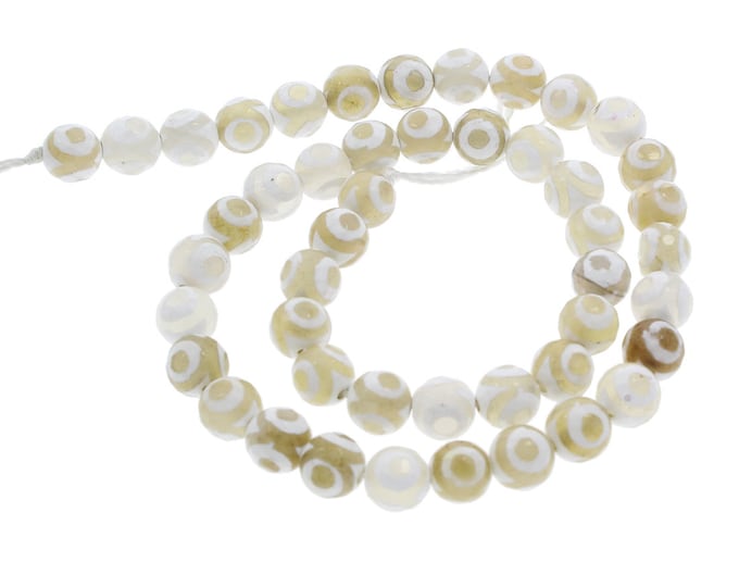 White Clear Natural Tibetan Style Dzi Agate Gemstone Faceted Round Beads | Sold by 15 inch Strand | Size 8mm