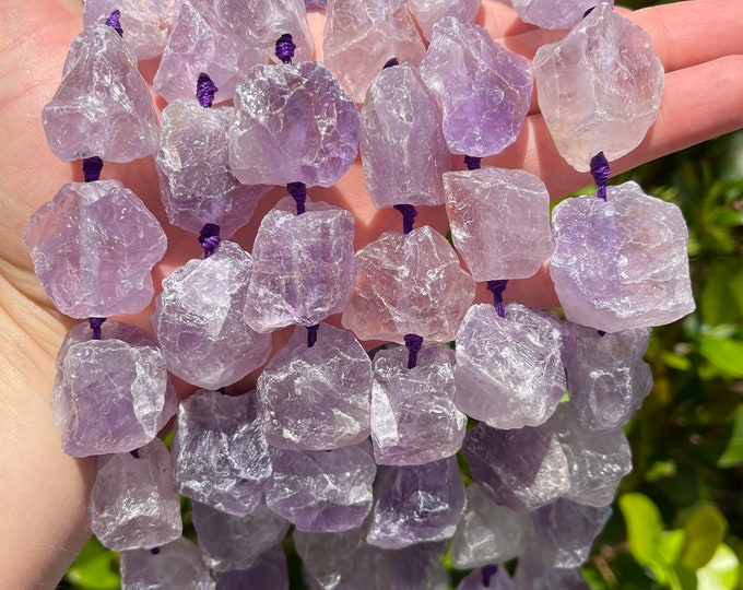 Natural Amethyst Nuggets Beads | Drilled Raw Natural Gemstone Loose Beads | Sold by 7 Inch Strand | Size 16-20x23-28x8-15mm