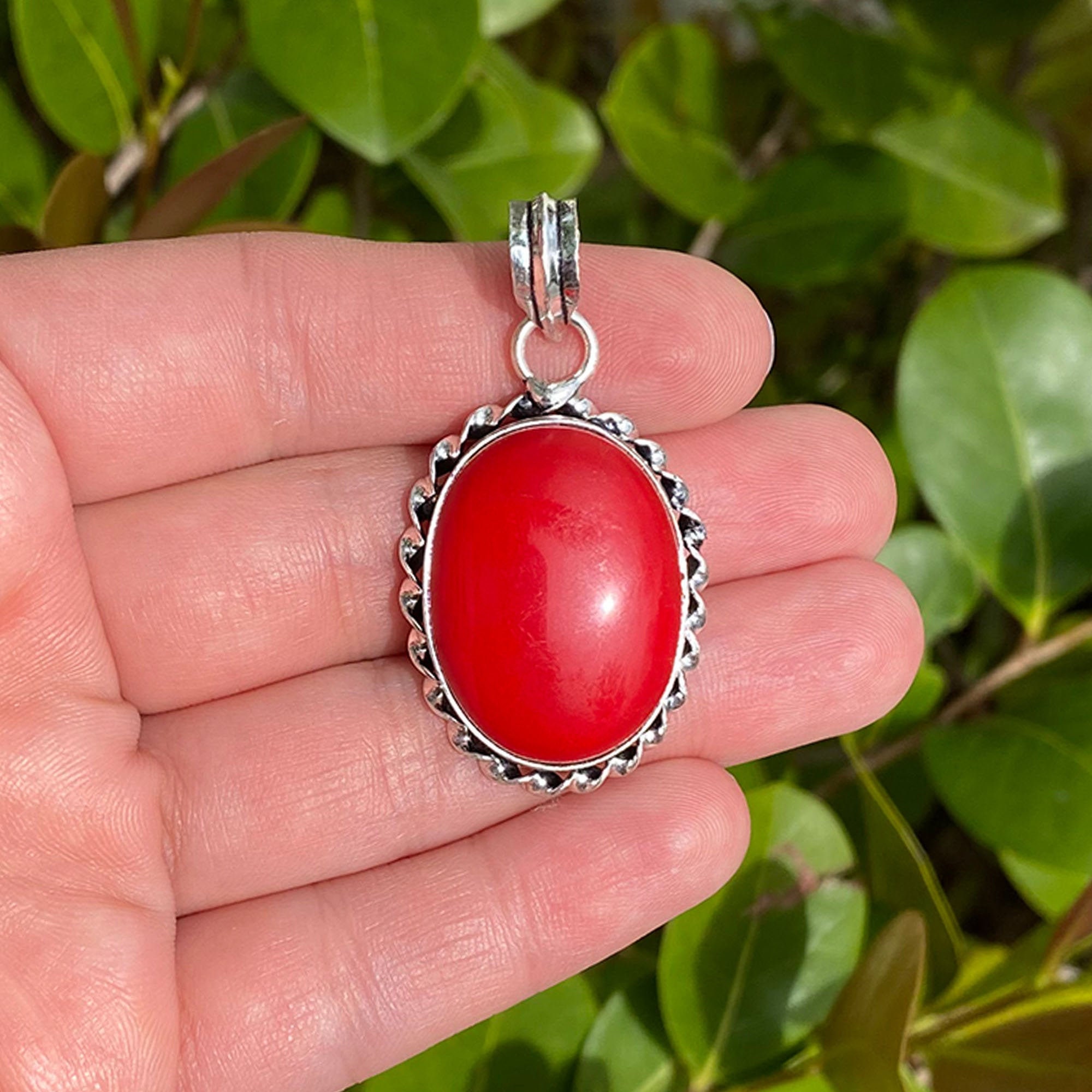 Natural Red Coral Pendant .925 Sterling Silver Vintage Style Gemstone