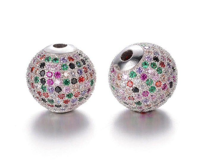ONE Multi Color Crystal Cubic Zirconia Micro Pave Brass Round Bead | Size 10mm | Hole 2mm