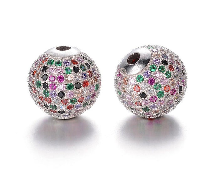 Cubic Zirconia Micro Pave Brass Round Bead | Multi Color Crystal | Platinum Color | Sold Individually | Size 10mm | Hole 2mm