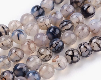 Natural White Black Dragon Vein Agate Gemstone Round Beads | Sold by 15 Inch Strand | Size 4mm 6mm 8mm 10mm