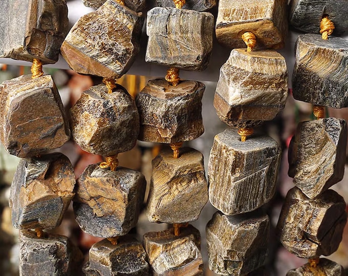 Large Natural Raw Tiger Eye Gemstone Drilled Nuggets Beads | Sold by 7 Inch Strand | Size 18-25mm