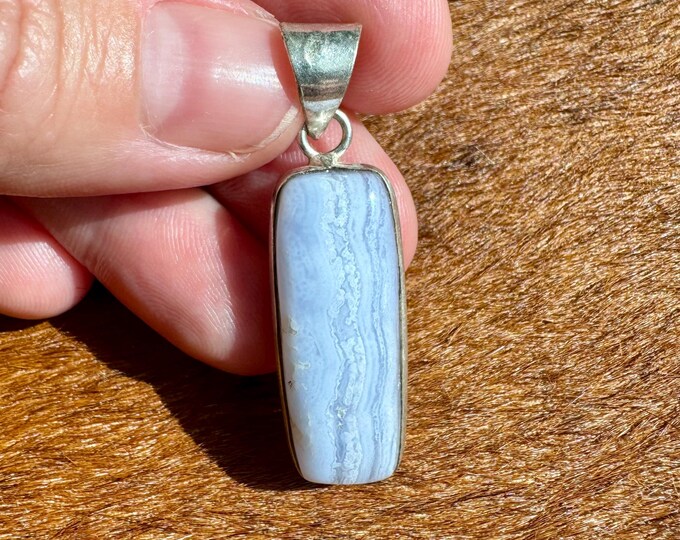 Natural Blue Lace Agate Gemstone 925 Sterling Silver Pendant Focal Bead Size 1.5 inch