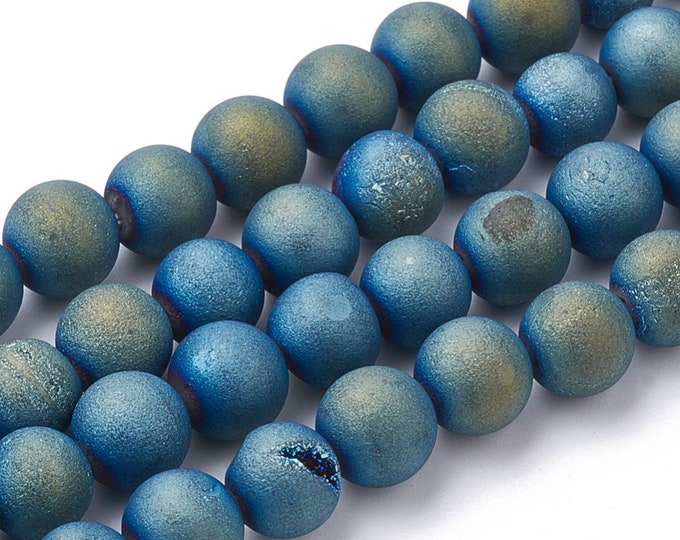 Natural Matte Light Blue Metallic Druzy Agate Gemstone Round Beads | Sold by 15 Inch Strand | Size 8mm