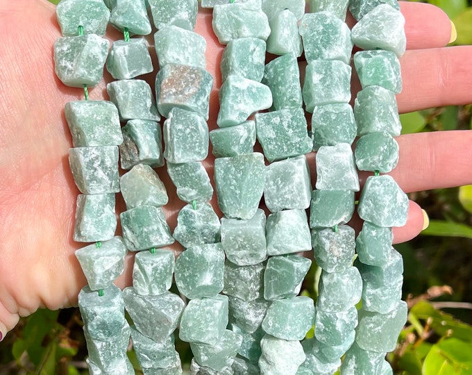 Raw Green Aventurine Nuggets Beads | Drilled Rough Natural Gemstone Loose Beads | Sold by 7 Inch Strand | Size 6-12mm