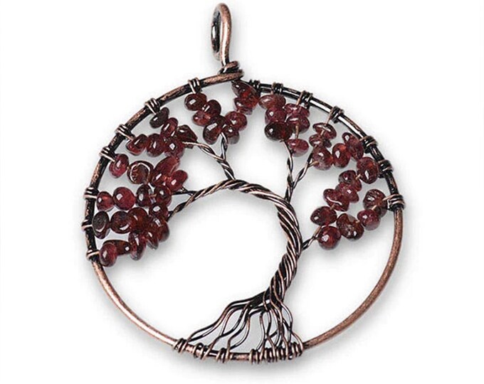 Red Garnet Tree of Life Gemstone Pendant | Chakra Healing Pendant | Size 50mm
