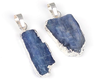 ONE Natural Blue Kyanite Gemstone Silver Edge Plated Slab Pendant Size 15x17-16x32mm